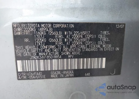 2008 Toyota Rav4 Limited V6 z USA, uszkodzony, nr VIN JTMZK34V185018854